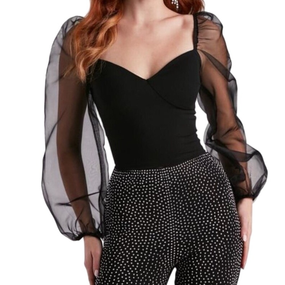 Whisper‎ Blouse Women's Small Black Long Puff Chiffon Sleeves Sweetheart Neck